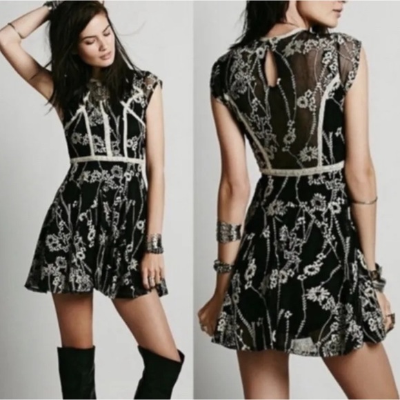 Free People Dresses & Skirts - Free People Laurel Embroidered Dress Black LaceTulle Mini Size 4